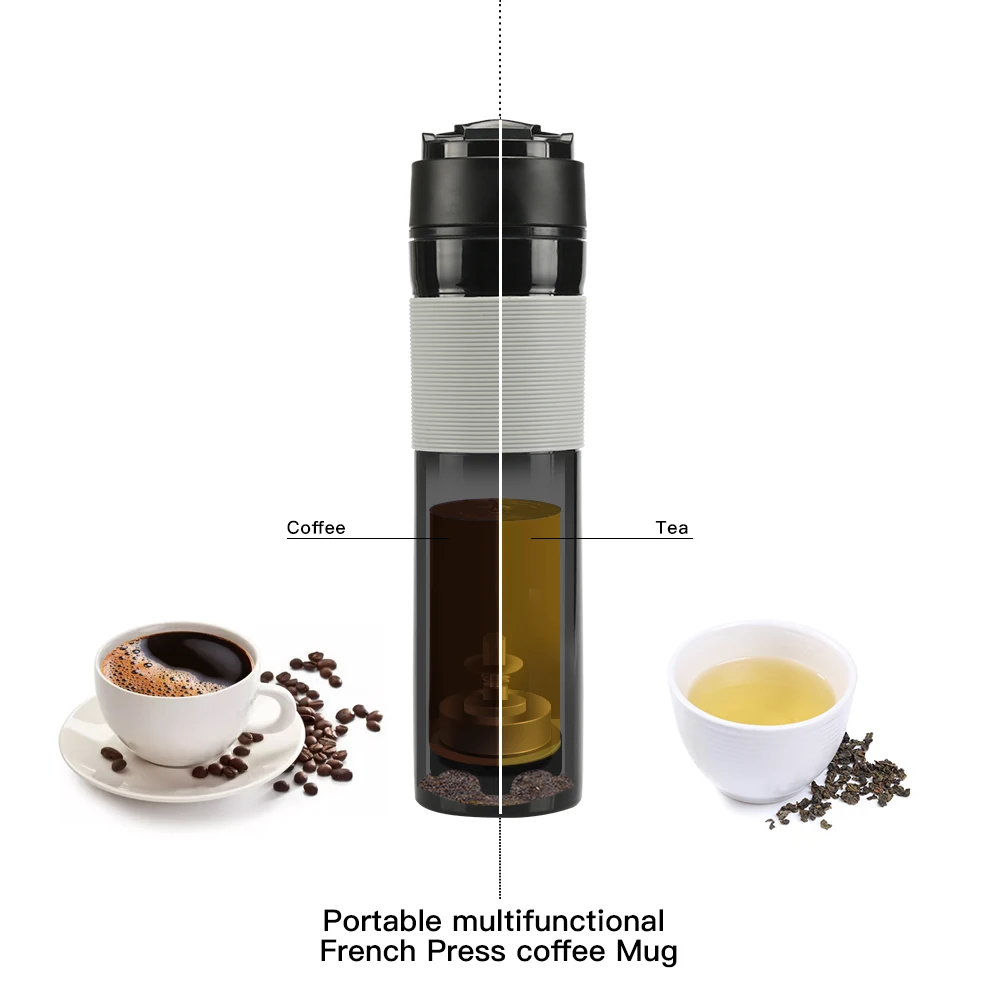 iCafilas Portable French Pressed Coffee Grinder Coffee Tea Bottle Outdoor Travel Camping Bottle for Car Hand Press Maker 350ML