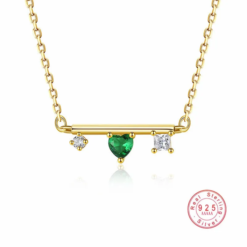 HI MAN Green Zircon Heart S925 Sterling Silver Plating 14K Gold Pendant Necklace Women Banquet Jewelry