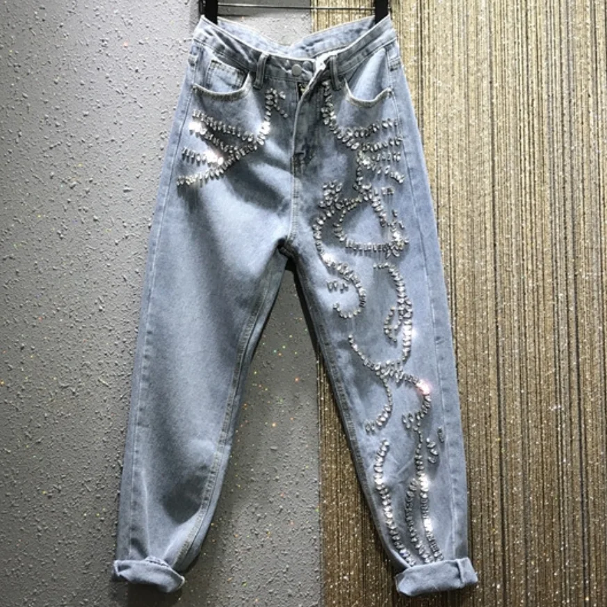 Rhinestone jeans women spring summer Heavy Industry fashion Beads High Waist Loose Straight Casual cross pants