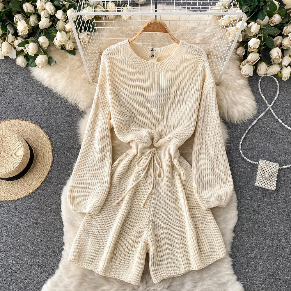 

Women Knitted Playsuits Fashion Streetwear O-neck Long Sleeve Drawstring Lace-up Back Hole Casual Loose Short Jumpsuit Overalls