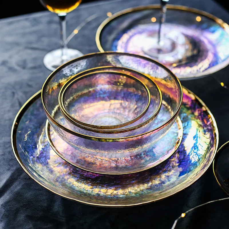 Kinglang Dazzle color painted gold glass bowl dish seven color transparent hammer grain glass plate salad bowl fruit bowl wester