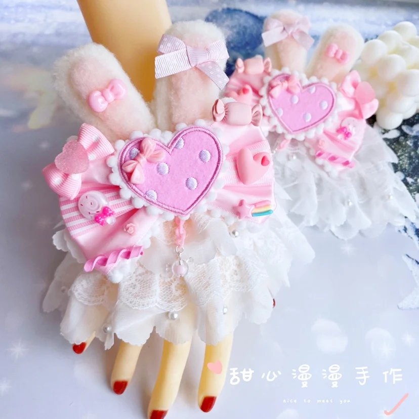 Original Handmade Lolita Rabbit Ear Oversleeves Lolita Lace Bow Lace Sweet Gloves