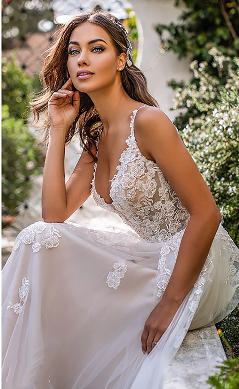 vestido de novia largo bohemio con tirantes finos, vestido de novia con flores 3D, Espalda descubierta, estilo princesa, longitu