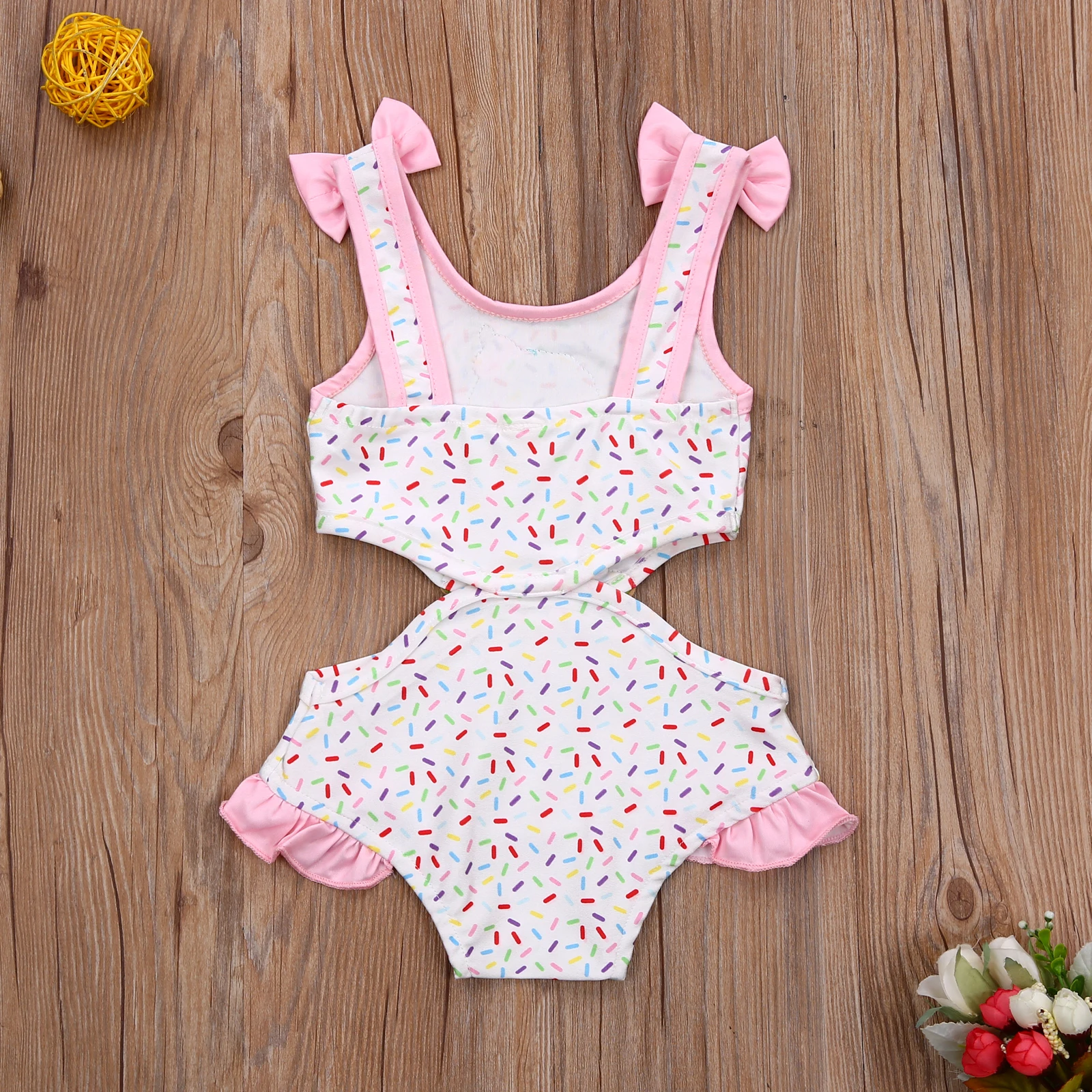 0-3T Girly Sweet Little Girl Fresh Lotus Leaf Swimming Pool Swimsuit Fashion Bow Ice Cream Print Hollow Sling Swimsuit