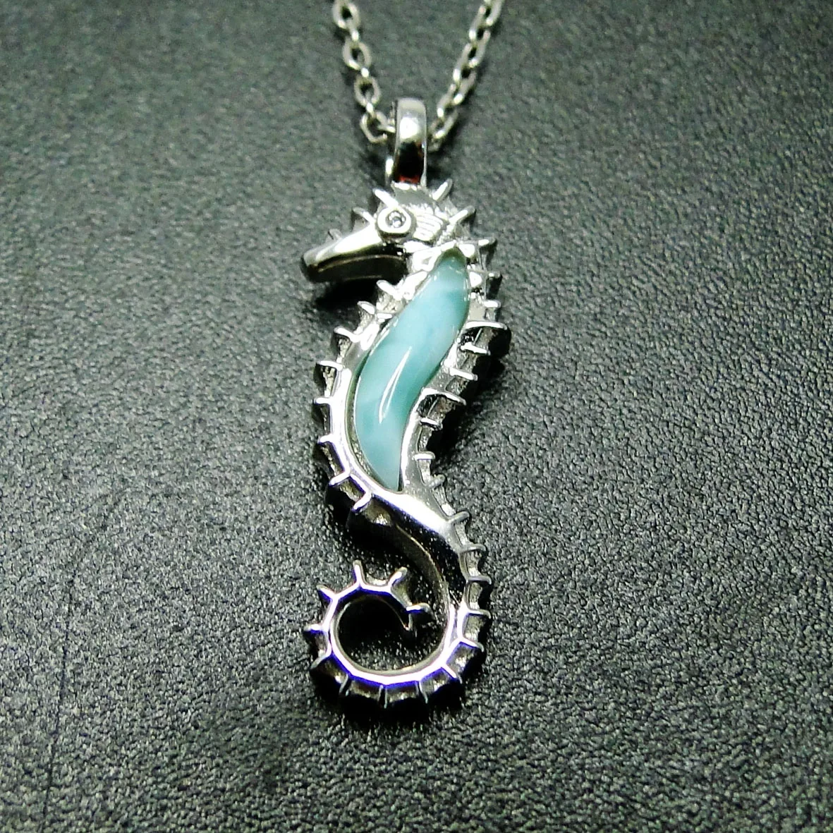 Fine Jewelry Real 925 Sterling Silver Jewelry Natural Larimar Seahorse Pendant Necklace For Gift