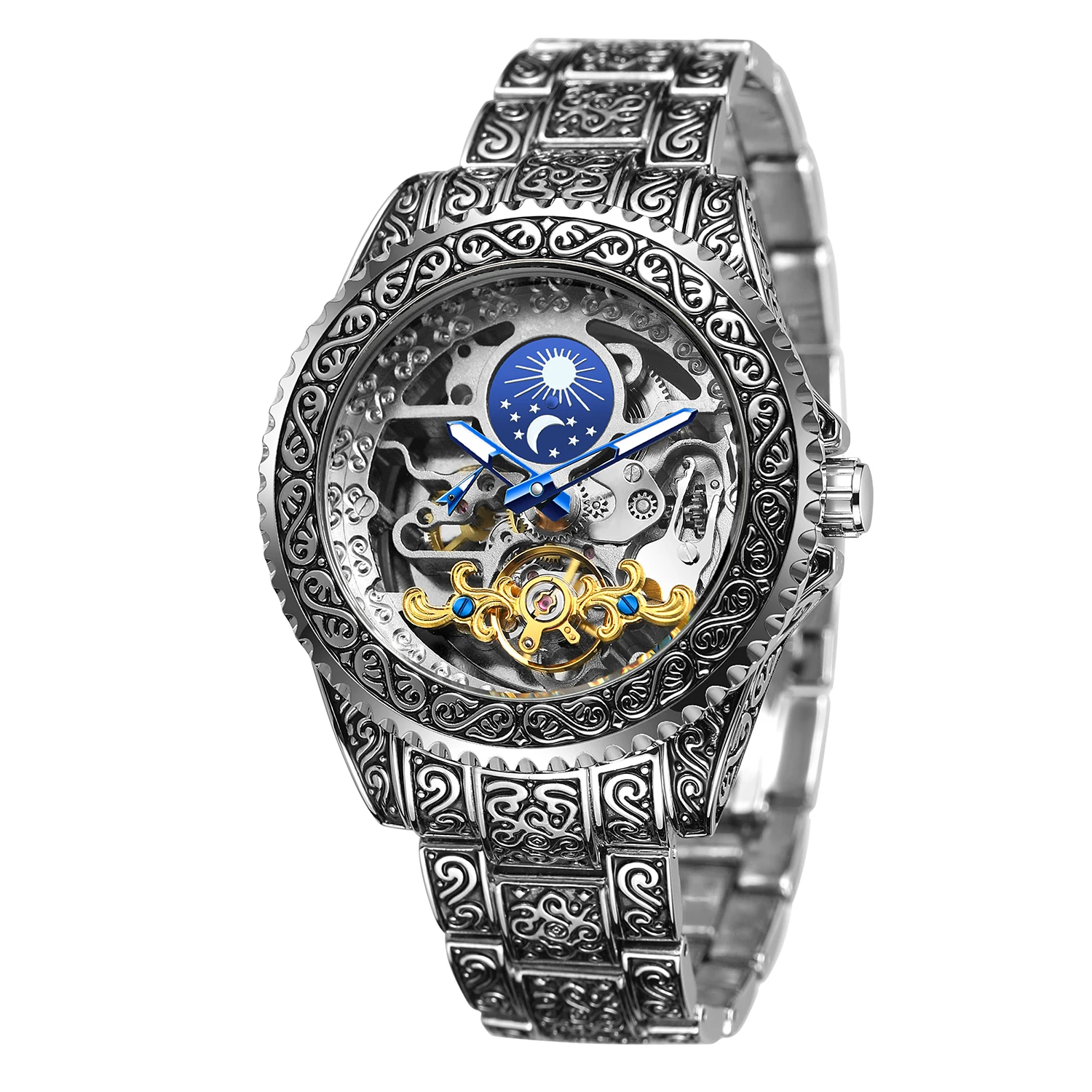 

Forsining New Fashion Automatic Wristwatch Waterproof Skeleton Men's Mechanical Vintage Moon Pash Watches With Luminous Pointers