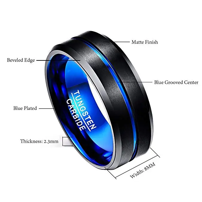 NUNCAD Men\'s 8mm Tungsten Carbide Ring Blue & Black Matte Finish Beveled Edge Wedding Band Size 4 to 17 T004R