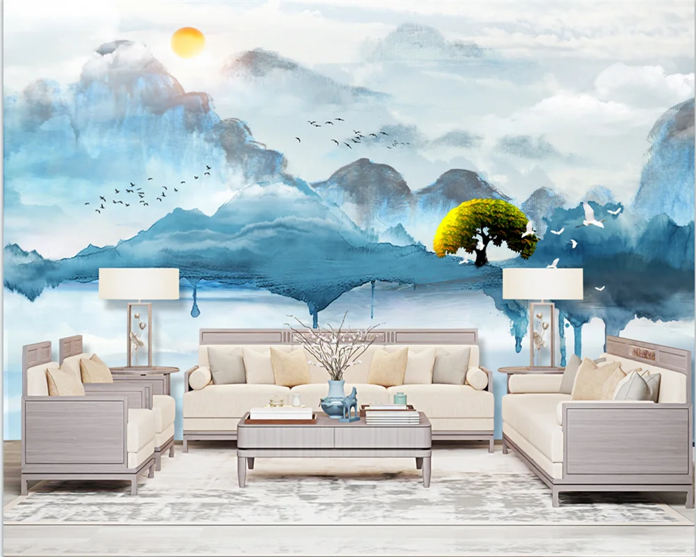 beibehang Customized modern new Chinese blue landscape artistic conception abstract line background papel de parede wallpaper