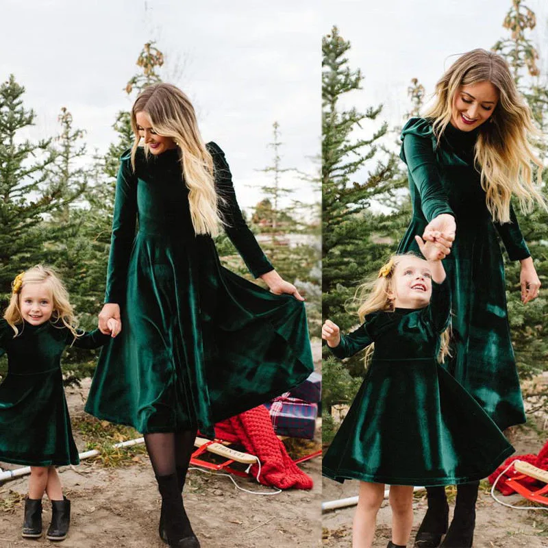 Mother daughter dresses Mom and me Women kids girl  Autumn Velvet  Long Sleeve Mother Daughter Dresses princess Family matching