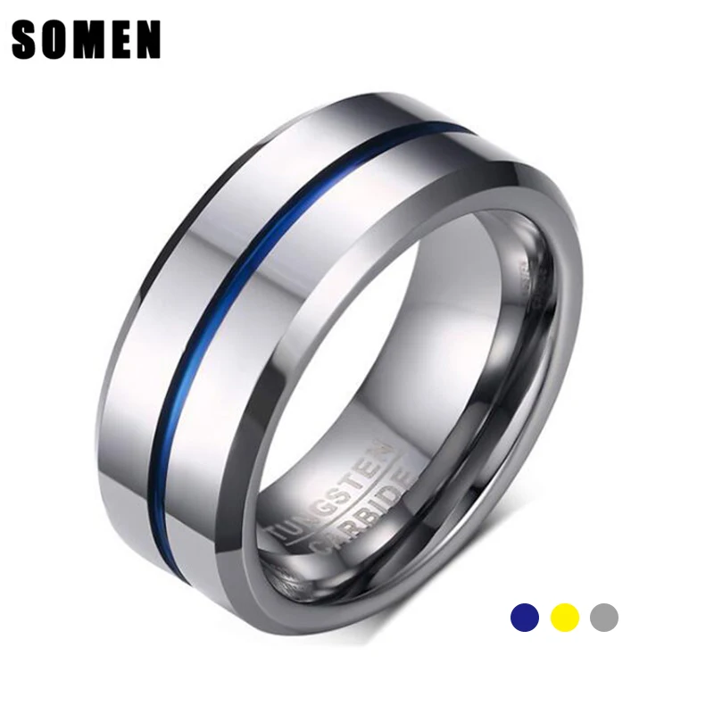 Somen Fashion 8MM Blue Line Polished Tungsten Carbide Ring Simple Style Wedding Bands Party Ring for Men Jewelry bague anillos