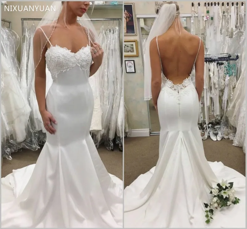 

Mermaid Wedding Dress Spaghetti Lace Backless Sweep Train Plus Size Bridal Gowns Beach Bohemian Wedding Dress