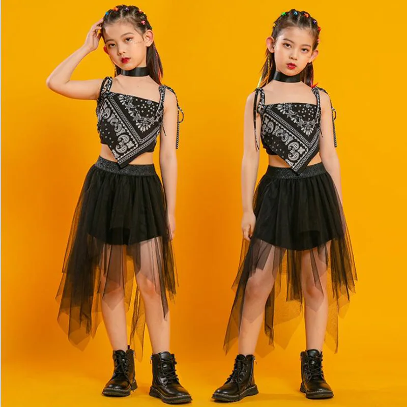 Kinder Punk Hip Hop Kleidung Square Neck Puff Sleeve Crop T Hemd Plissee Netz Rock Hose Für Mädchen Jazz Dance kostüm Set Kleidung