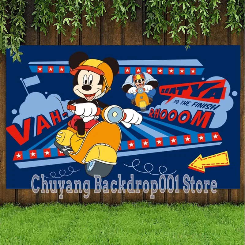 Disney Cartoon Micky Mouse Riding Motorcycle Blue Theme Photo Background Boy Birthday Toys Game Party Backdrops Dinner Decor