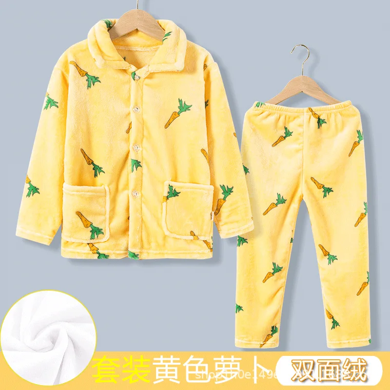 New Kids Boys Girls Autumn Winter Flannel Pajama Sets Cartoon Print Long Sleeve Lapel Tops with Pants Sleeping Clothing Sets