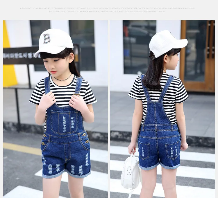 Girls Overalls 2024 New Summer Short Bib Short Jeans For Girl Children Fashion Hole Pants 3-9 Years Kids Clothes