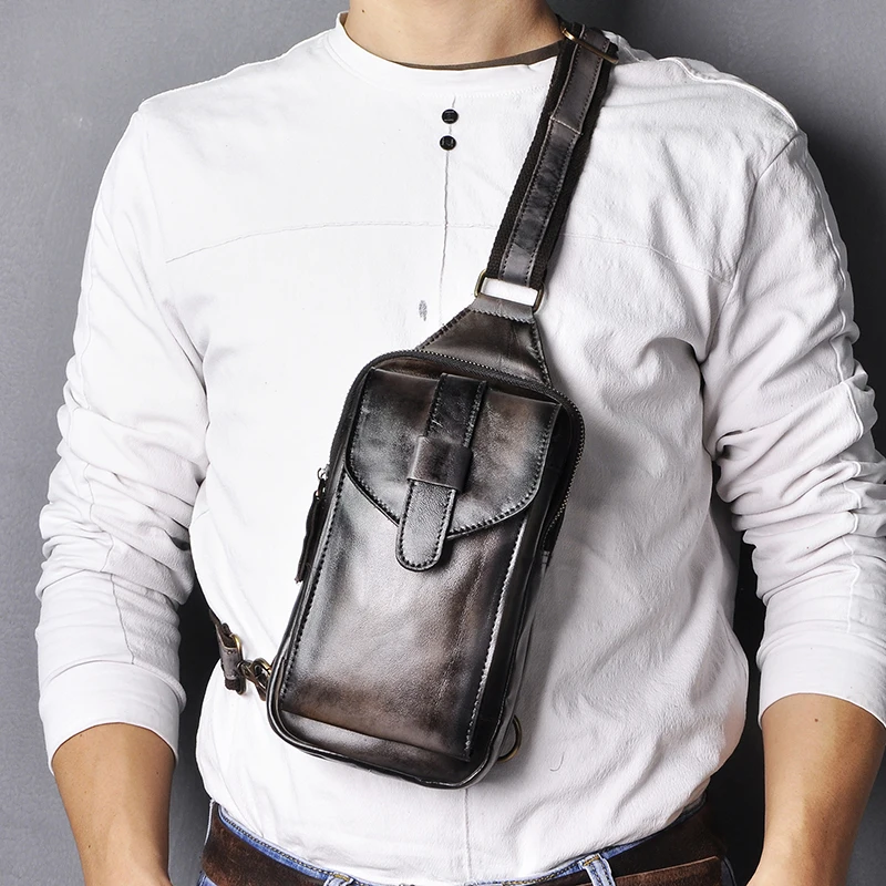 Top Quality Men Original Leather vintage Design Fanny Wasit Chest Pack Bag Sling Crossbody Bag Daypack XB571-db