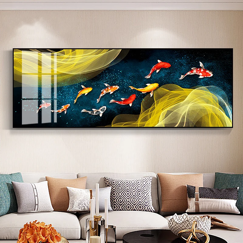 Big Size Wall Decorative Painting On Canvas Chinese Style Koi Poster Nine Fish Illustration Feng Shui Carp Lotus Pond Home Decor