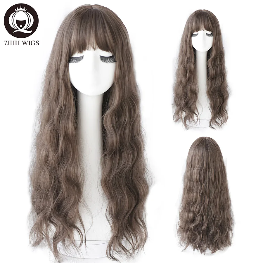 7JHH WIGS Harajuku Pink Brown Lolita Wig Long Two Colors Realistic Cosplay Wigs With Bangs For Women Wavy Wigs Synthetic Hair