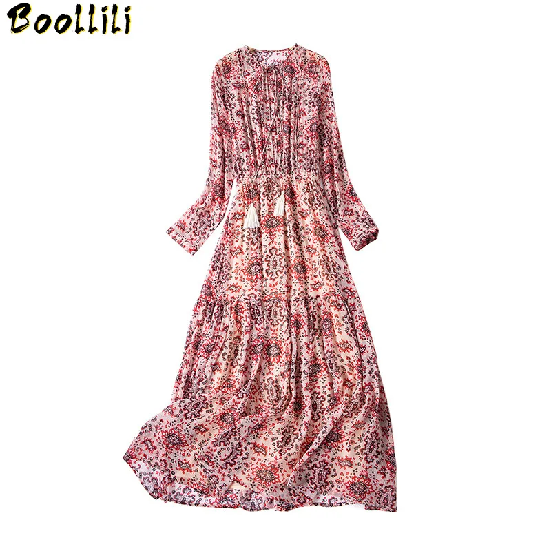 Women's Spring Boollili Summer Real Silk Dress Floral Boho Beach Long Maxi Dresses Elegant Long Sleeve Dress Women Clothes 2023