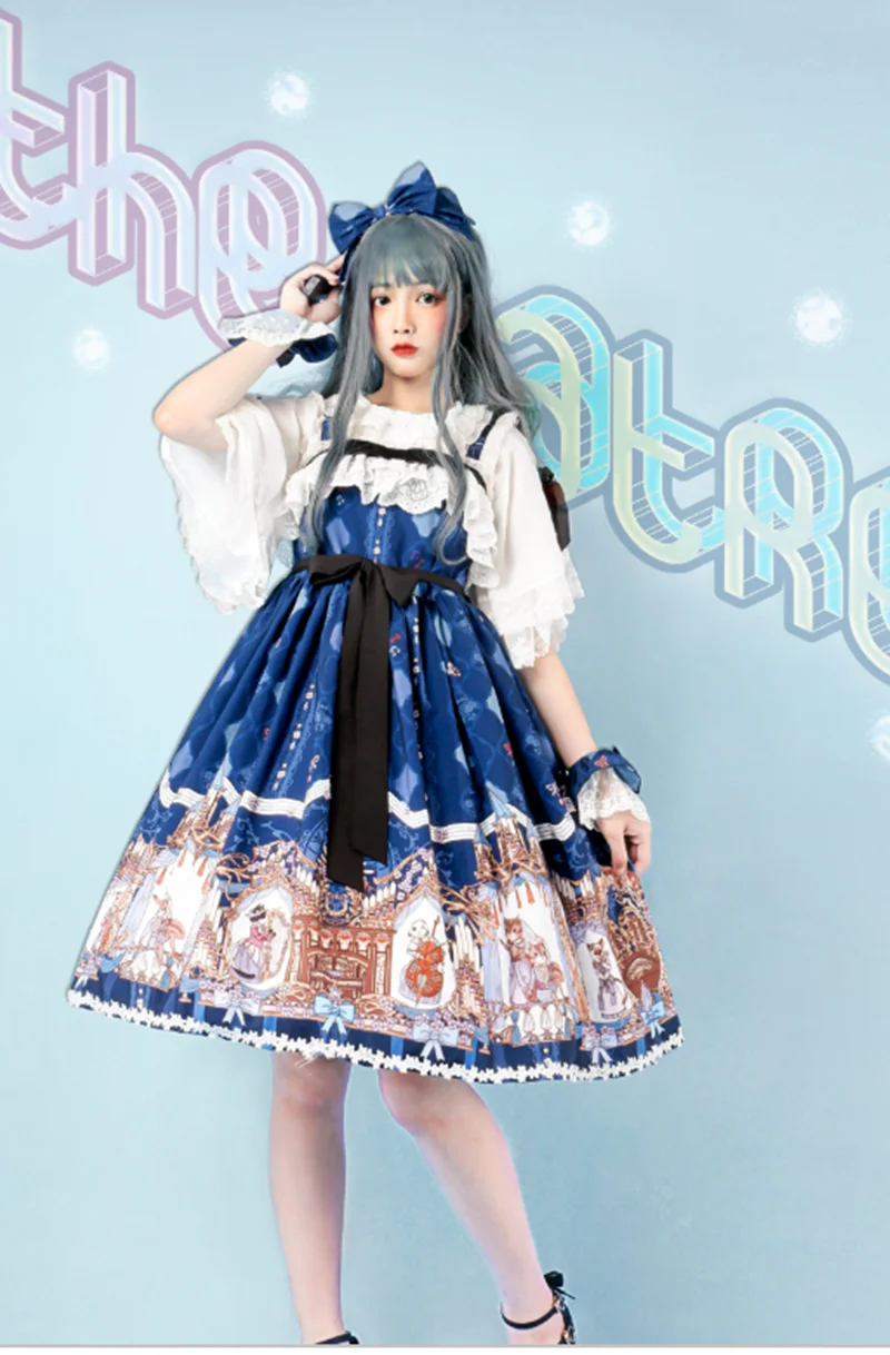 

Lolita Strap Long Dress Sweet lolita dress vintage falbala bowknot cute printing high waist princess victorian dress kawaii girl