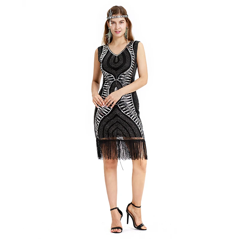 Women Dresses Flapper Dress Beaded Sequins Fringe Dinner Party Formal Gowns Ballroom Vintage Costume