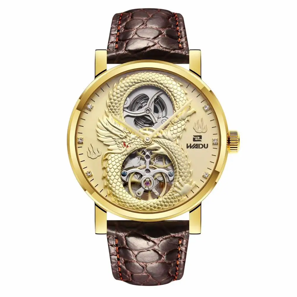 

Luxury Brand Carving Dragon Automatic Mechanical Men Watch Gold Tourbillon leather strap Wrist Watch Relogio Masculino A77