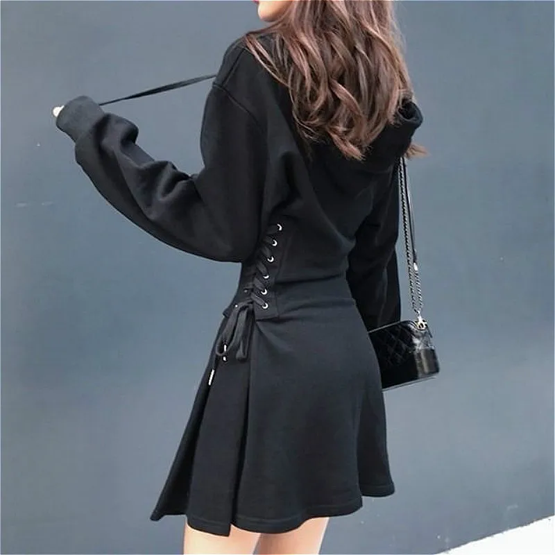 Long Sleeve Dress Women Gray Classy Slim Popular Stylish All-match Ins Criss-cross Mini Vintage Solid Hooded Empire Spring Daily