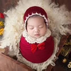 Christmas Theme Newborn Photography Clothing Cotumes Baby Girl Red Elastic Wraps Swaddling Santa Photo Clothes Sets 3pcs