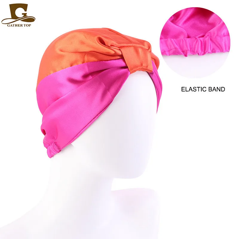 New Satin Silk Sleeping Bonnet Caps For Women Silky Headcover Double Layer Knotted Headband Caps Chemo Cancer Nursing Headwrap