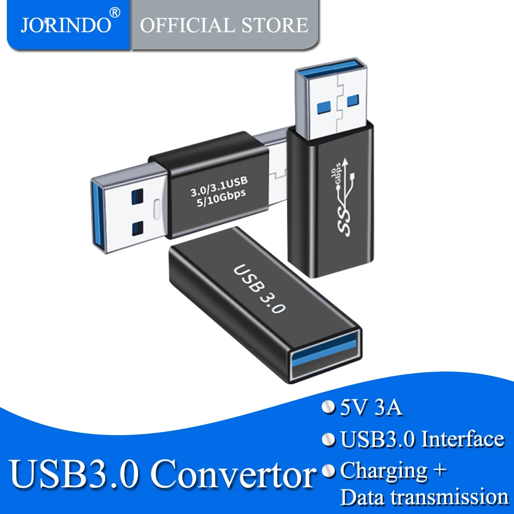 JORINDO USB3.0ชายคู่Plug Converter,USB3.0อะแดปเตอร์ชายหญิง,USB3.0คู่หญิงขยายการแปลง3A