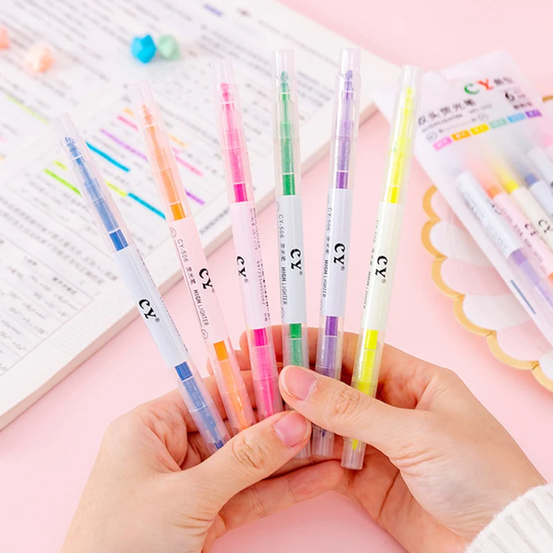 3-6 PCS/Set Double Headed Highlighter Pen Set Fluorescent Markers Highlighters Pens Art Marker Colorful Cute Kawaii Stationery