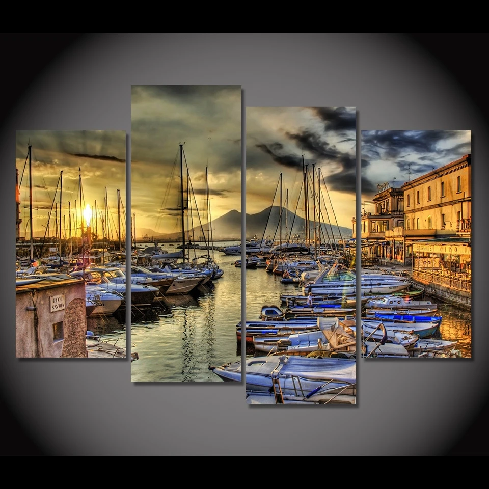 

4 Pcs Unframed Canvas Art Naples Italy Wharf Boats HD Printed Canvas Painting Home Decor Wall Art Poster Picture for Living Room