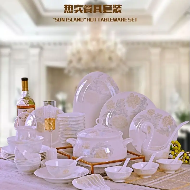 46pcs Dishes Set Combination Wedding Housewarming Gift Bowls Plates Tableware Bone China Dinner Suit