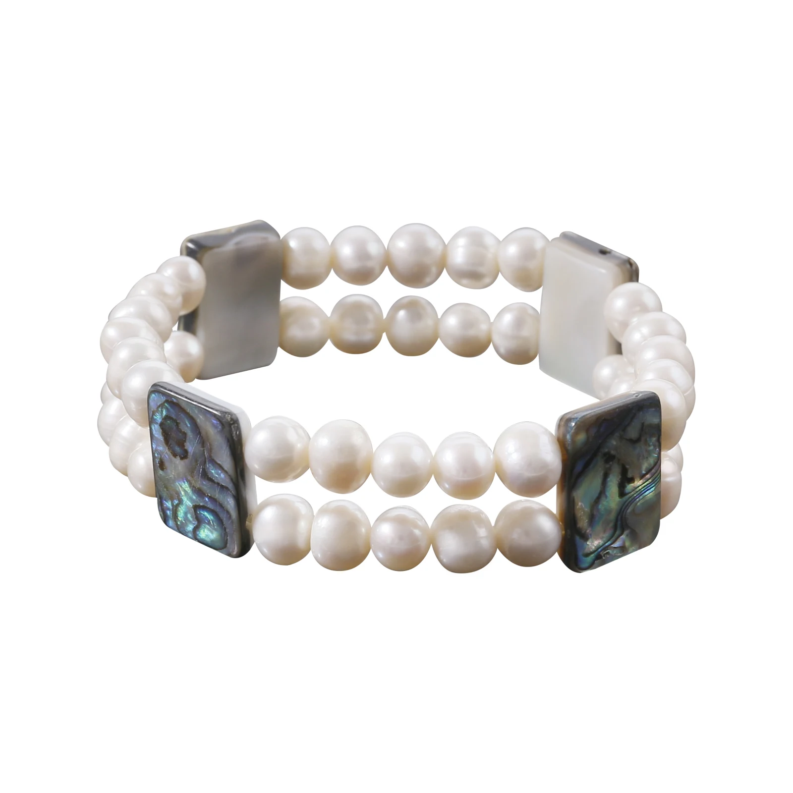 Genuine Freshwater  Pearl Stretch Bracelet With Square Shape Abalone Beads Fashion Two Row Pearl Jewelry Gift For Women And Men