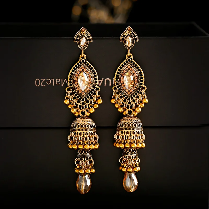 Indian Jewelry Boho Ethnic Gold Color Double Big Birdcage Crystal Bead Evil Eye Long Drop Hanging Gypsy Earrings For Women