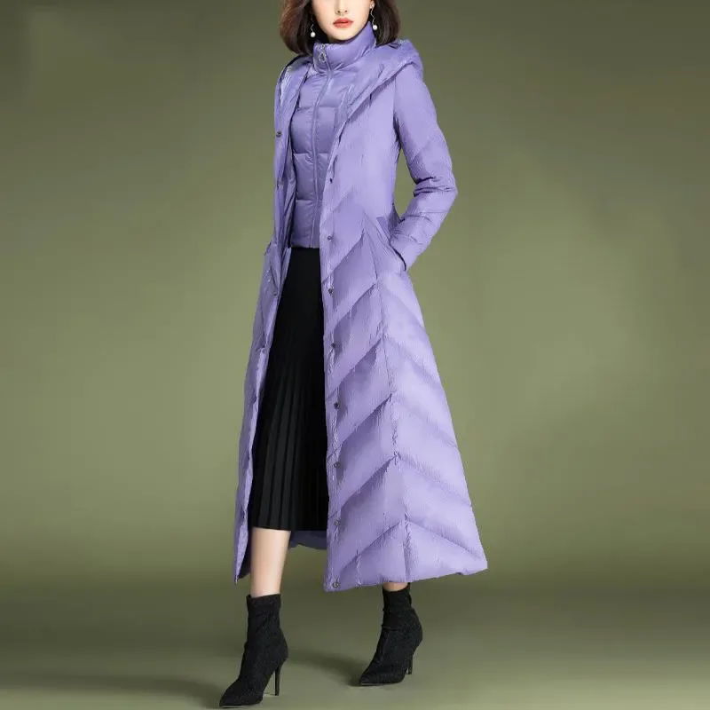 2021 Autumn Winter New Women Purple Long Padded Jacket Female Slim Slimming Temperament Fake Two-piece Hooded Padded Jacket A429