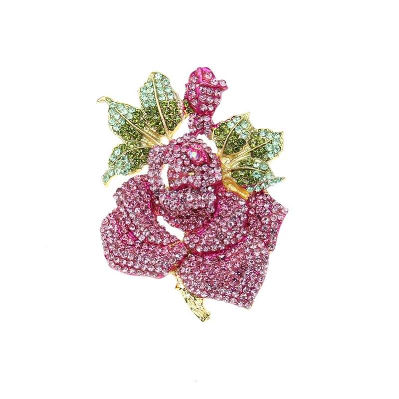 Pink Huge Rose Flower with Green Leaf Pink Bud Crystal Rhinestone Brooch