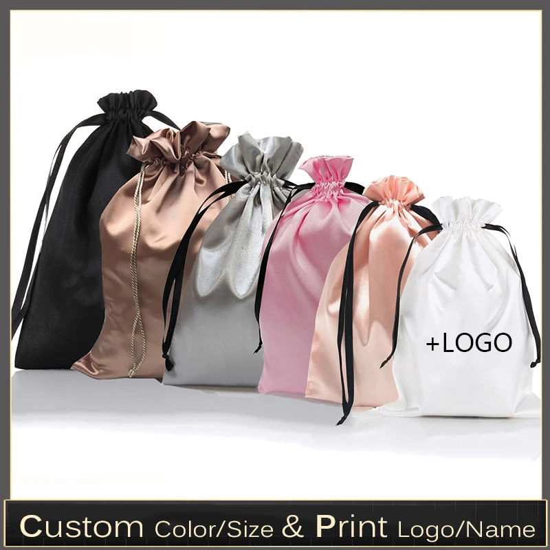 

Custom Satin Extensions Hair Bags Ribbon Drawstring Luxry Goods Silk Packaging Pouches Makeup Case Shoes Cloth Wigs Storage Bag