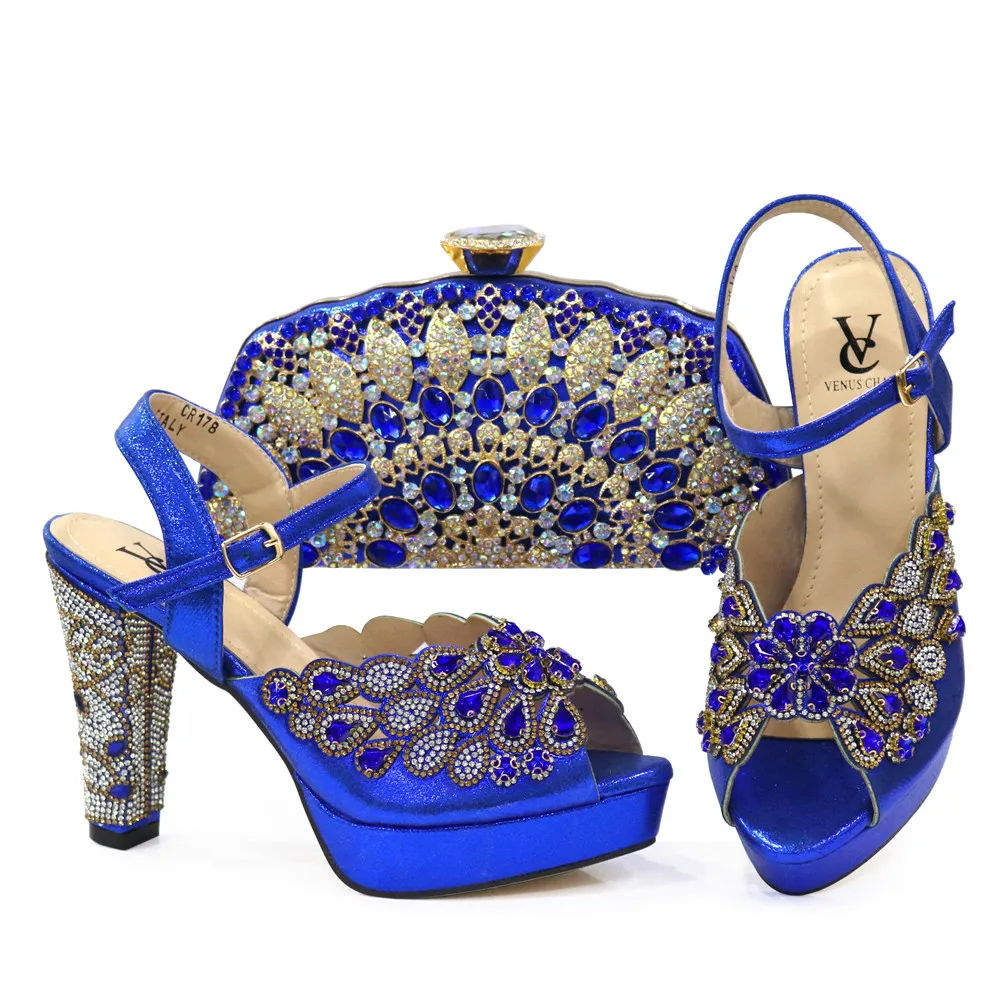 2024 Royal Blue Woman Sandals Shoes And Purse Bag Set Fashion High Heels Summer Pumps Matching With Clutch Handbag CR178 11.5cm