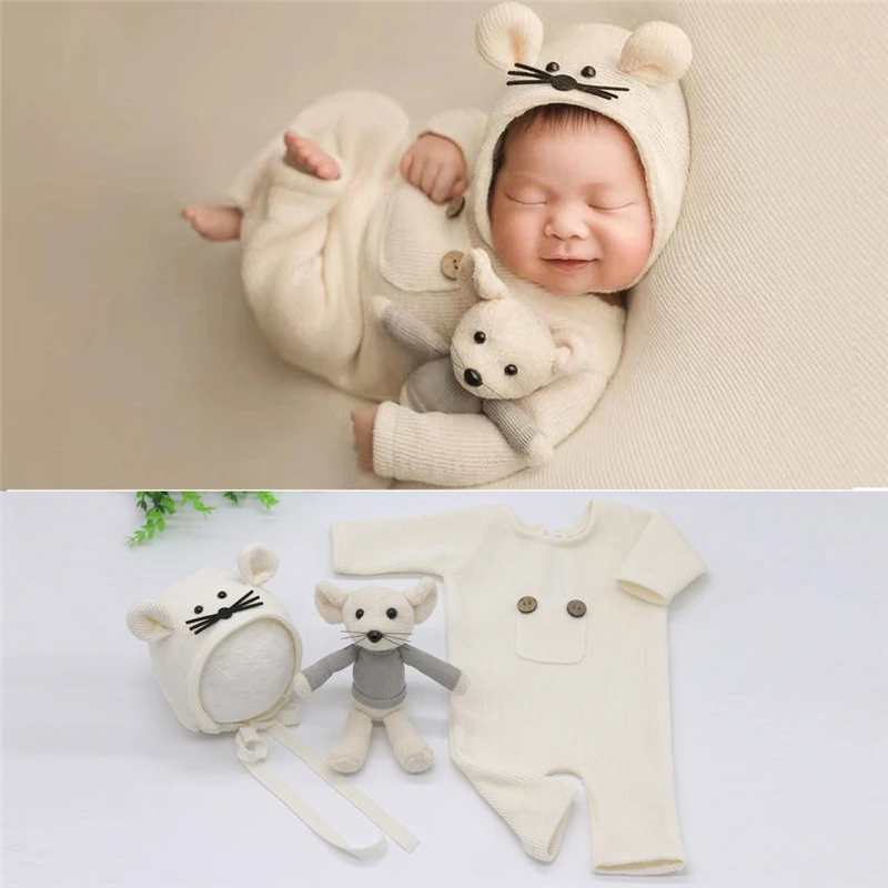 Newborn Baby Photography Clothing Sets Infant Boy Girl Photo Clothes Outfits Mouse 3pcs Set Hat Rompers Doll Sets