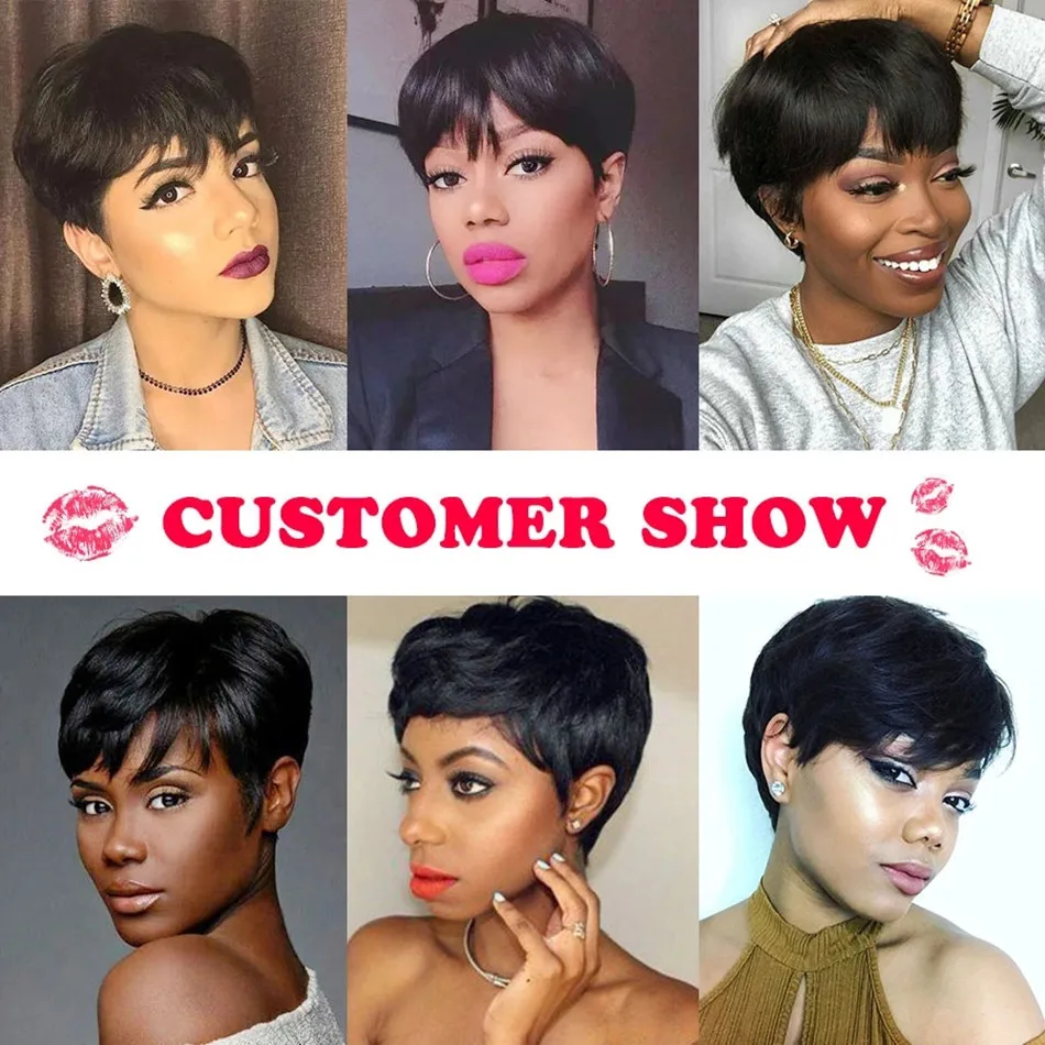 Short Human Hair Wigs Pixie Cut Straight perruque bresillienne for Black Women Machine Made Wigs With Bangs Cheap No Lace Wig