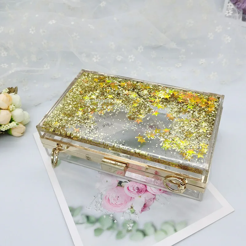 Women\'s Luxury Liquid Glitter Acrylic Clutch Purse Quicksand Powder Transparent Box Bags Summer Beach Handbags With Metal Chain