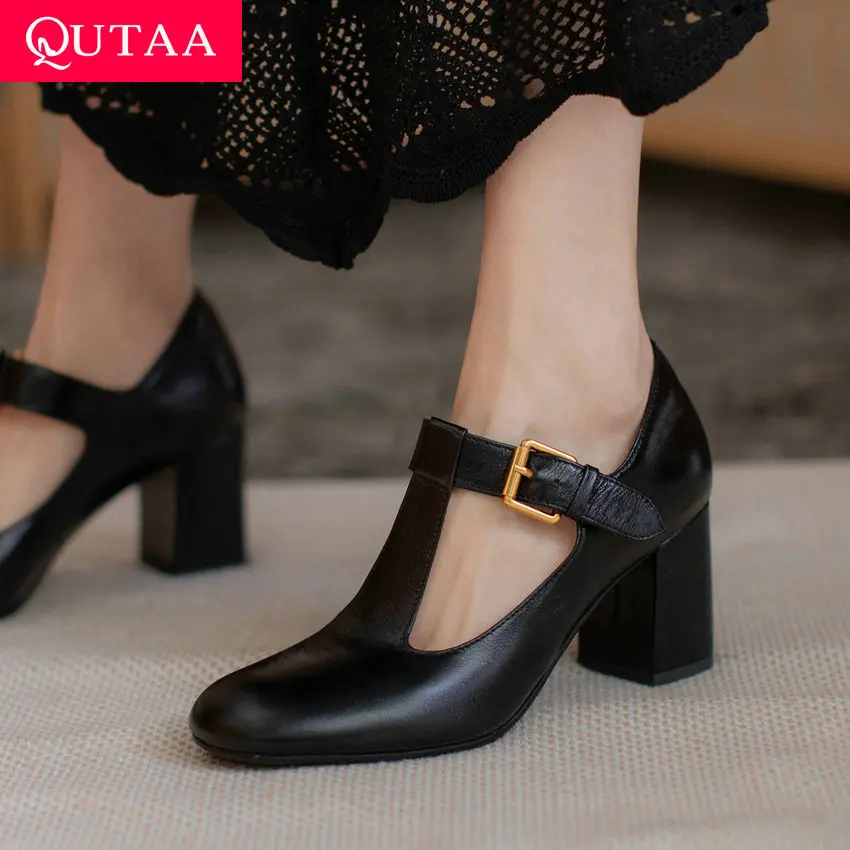 QUTAA 2021 Women Pumps New Spring T Strap Buckle Female Shoes Genuine Leather Round Toe Retro Square High Heels Size 34-39