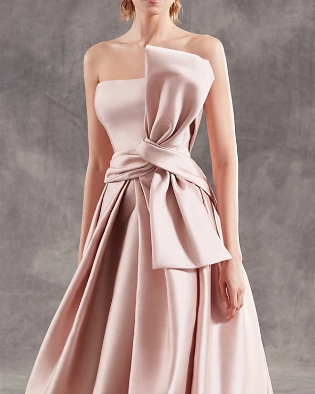 Elegant หมั้นสีชมพูอย่างเป็นทางการชุดราตรี Strapless Sleeveless ซาตินโบว์ Sash จัดเลี้ยงชุดราตรี Robe De Soriee