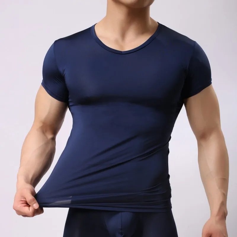 

Mens Undershirts Sexy Ice Silk Short Sleeve Sheer T-shirts Seamless Sports Fitness Joggings Shirts Camisetas Sleepwear Plus Size