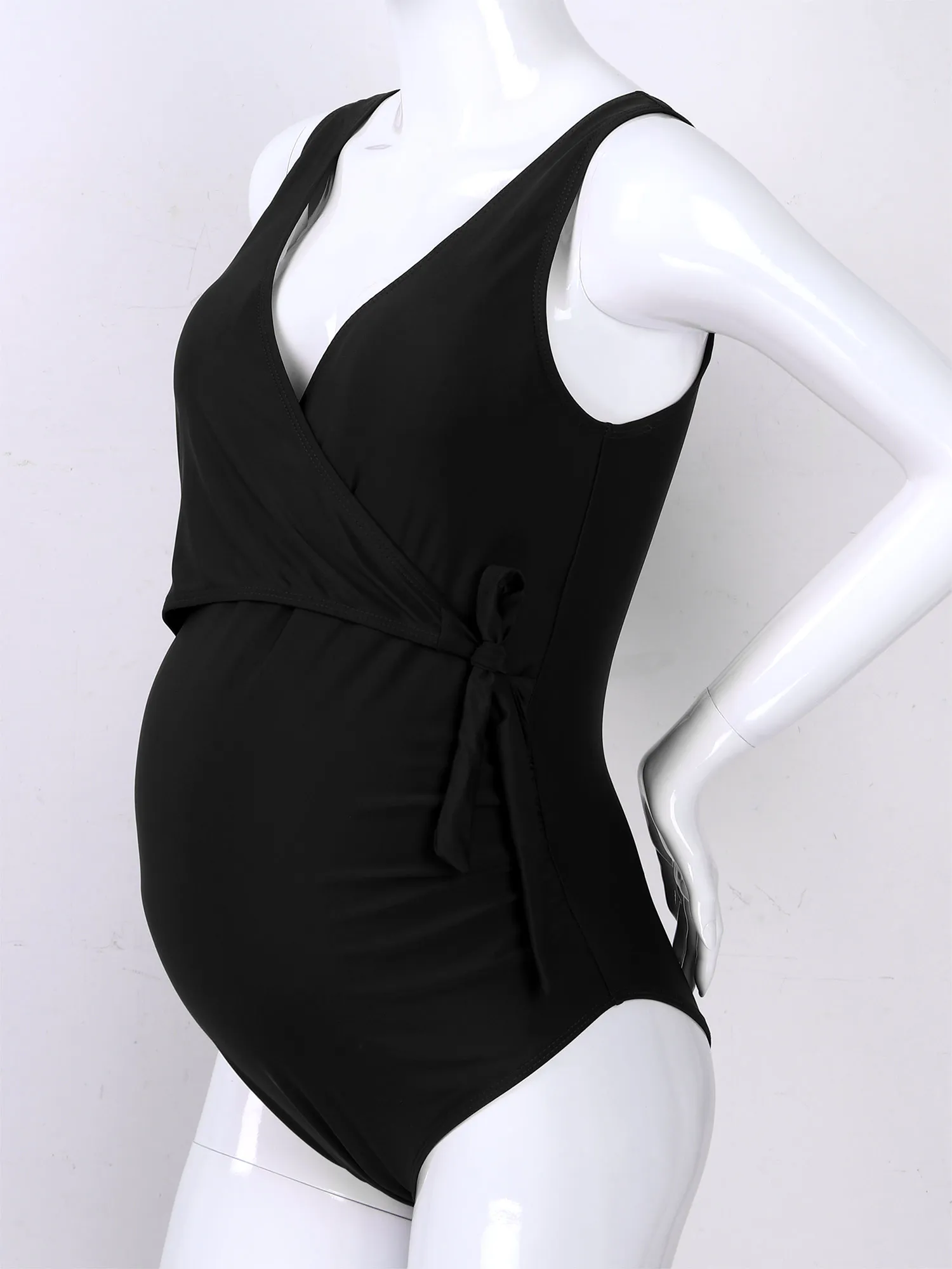 Maternity Swimwear Pregnant Women One Piece Tie Front High Cut Bathing Suit V Neck Maternity Swimsuit