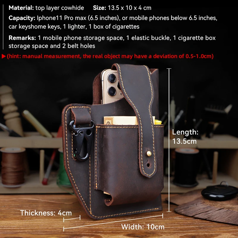 Vintage Crazy Horse Leather Men Waist Pack Sport Running Outdoor Cell Phone Belt Bag Fanny Multi-Function Key Pen Waist Bags