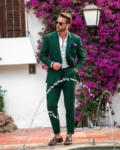 Men\'s Green Suits Double-breasted Groom Wedding Wear Tuxedos Peak Lapel Formal Prom Suits Set  2 Pieces (Blazer+Pants)