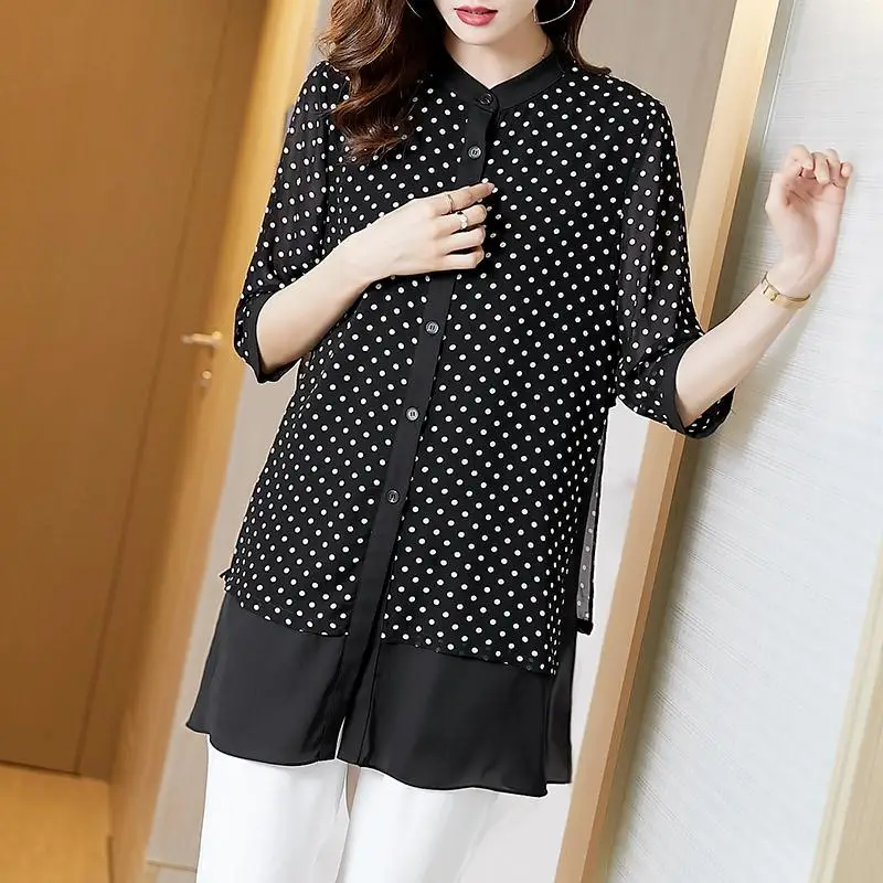 Summer Women Dots Print Chiffon Shirts Blouses Fake Two Pieces Large Size Loose Temperament Tops Mid-Length Blusas MM0316