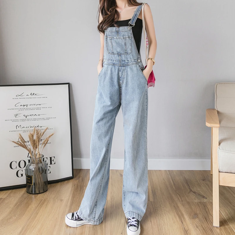 Korean Style Sleeveless Denim Jumpsuit Women Casual Blue Straight Leg Overalls Streetwear Solid Suspenders Rompers Playsuits